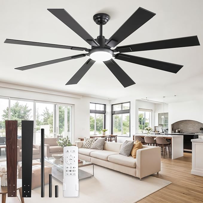 ZMISHIBO 65" Black Ceiling Fan with Dimmable 3000-6000K Light and Remote | 65 Inch Large Ceiling Fan, Quiet Reversible DC Motor, 6 Speeds, 8-Blades, Great for Living Room, Bedroom, Covered Patio