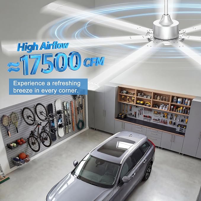 Ohniyou 96'' Industrial Ceiling Fan Without Light for Workshop, Silver | 17500 CFM Airflow, 7 Aluminum Blades, Remote/APP Control, 6 Speeds, Reverse Mode, Large Commercial Metal Fan for Gym, Shop