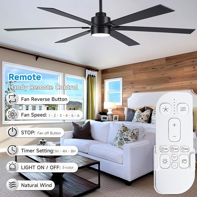 66 Inch Outdoor Ceiling Fans for Patios with Lights Damp Rated, Large Modern Black Ceiling Fans with 6 Blades, High CFM Quiet Reversible DC Motor, for Indoor Living Room Commercial Exterior Gazebo