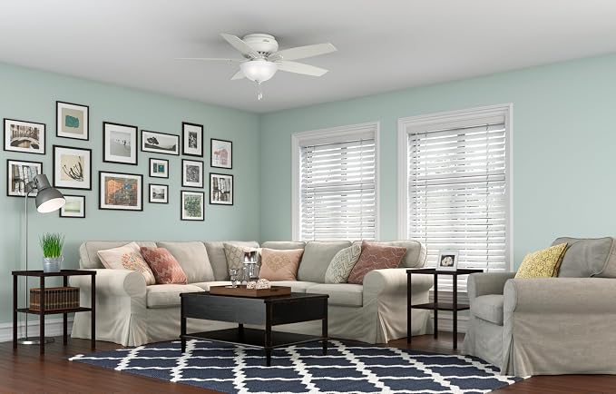 Hunter 52 inch Indoor Ceiling Fan with LED Light - White Ceiling Fan with Pull Chain, For Bedroom or Living Room, Low Profile Flush Mount, No Remote, 5 Blades - Newsome 53313, Fresh White
