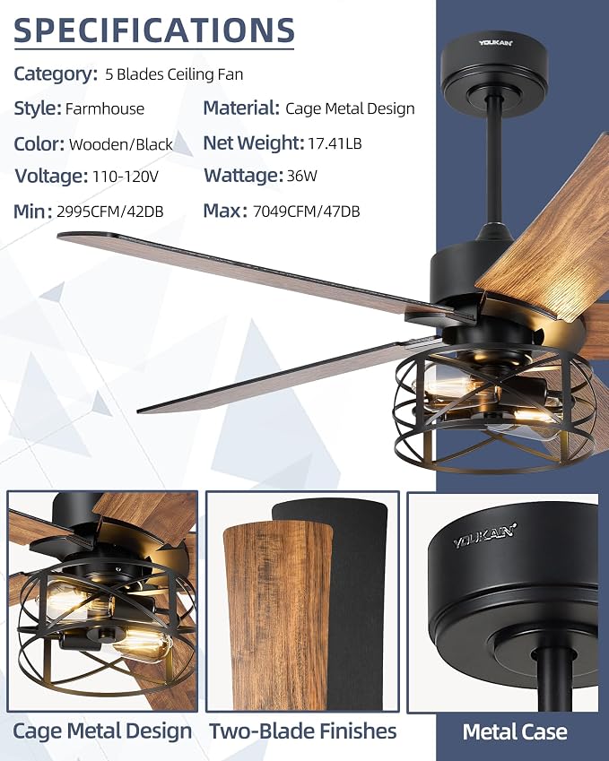 YOUKAIN Ceiling Fans with Lights, 48 Inch Farmhouse Ceiling Fans with Lights and Remote, 5-Reversible Blades with Matte Black/Wooden Finish, 48-YJ632-BKW