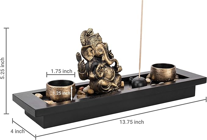 MyGift Mini Zen Garden with Ganesh Statue, Incense Stick Burner, Tealight Candle Holders, Decorative Rocks and Display Tray