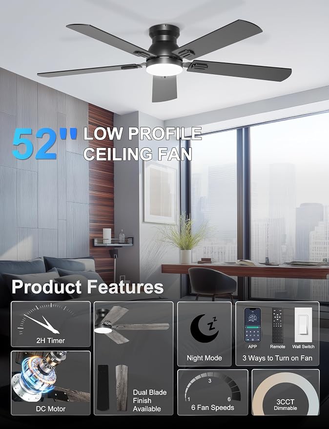 52'' Flush Mount Ceiling Fan with Lights, Space-Saving Low Profile for Low Ceilings, App/Remote Control, Safe Quiet DC Motor for Bedroom Living Room, Dimmable, Black