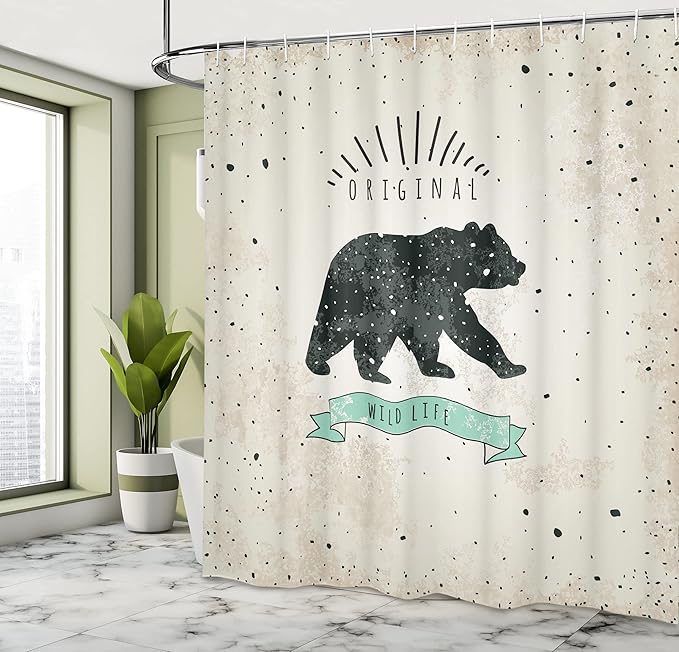 Ambesonne Bear Shower Curtain, Vintage Wildlife Theme Random Dots Predator Paws Animal Themed Design, Cloth Fabric Bathroom Decor Set with Hooks, 69" W x 84" L, Mint Green Black Tan