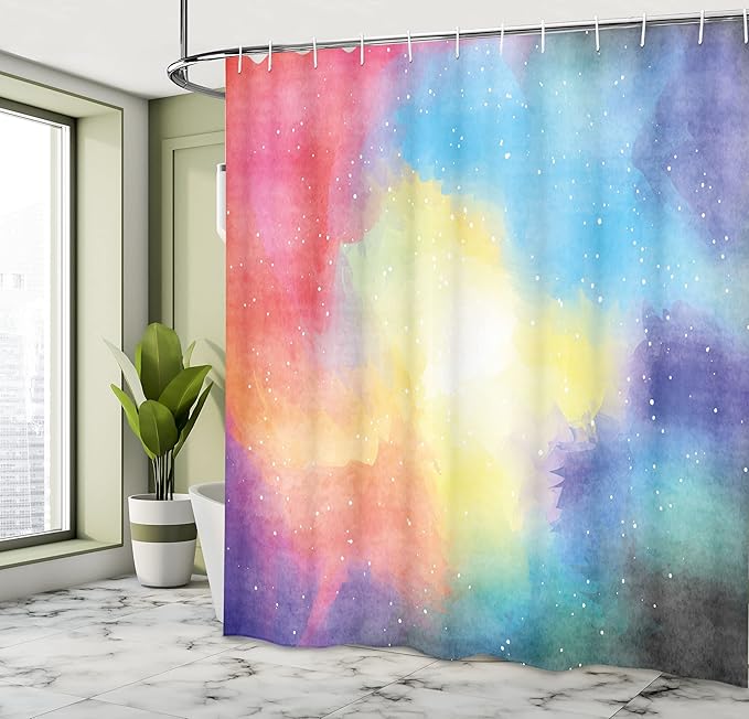 Ambesonne Abstract Shower Curtain, Watercolor Galaxy Outer Space Star Dust Seemed Image in Vivid Colors Modern Print, Cloth Fabric Bathroom Decor Set with Hooks, 69" W x 75" L, Multicolor Plum