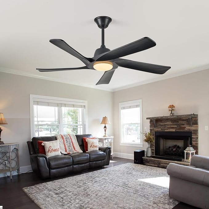 Ceiling Fan with Light, 52 Inch Solid Wood Ceiling Fans, Remote and APP Control, 3-color Dimmable, DC Motor, 6-speed Reversible, for Bedroom, Living Room, Black