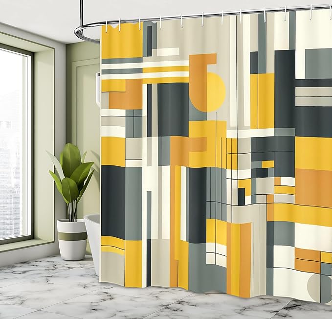 Ambesonne Yellow Shower Curtain, Abstract Modern Symmetric Vertical Lines and Geometric Shapes Paint Print, Cloth Fabric Bathroom Decor Set with Hooks, 69" W x 75" L, Orange Beige Dimgray