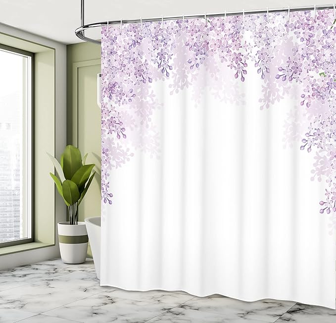 Ambesonne Flower Shower Curtain, Framing Lilac Flowers in Blossom Vernal Season Soothing Color Shades, Cloth Fabric Bathroom Decor Set with Hooks, 69" W x 84" L, Lavender White