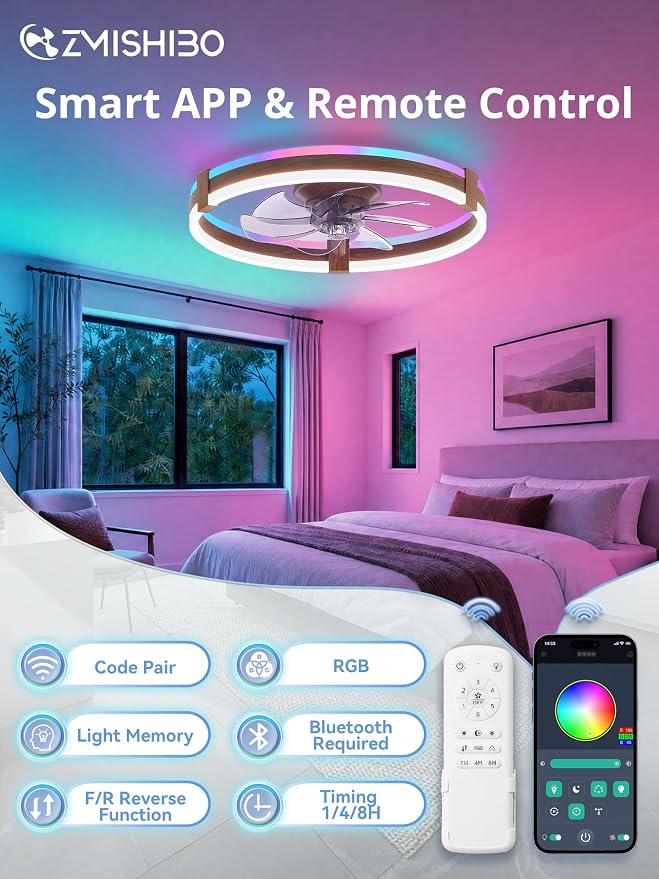 ZMISHIBO RGB Ceiling Fans with Lights and Remote, 20 inch Low Profile Ceiling Fan with Light, 3000K-6000K Dimmable & RGB, Modern Fandelier Flush Mount Ceiling Fan, Small LED Fan for Bedroom,Walnut