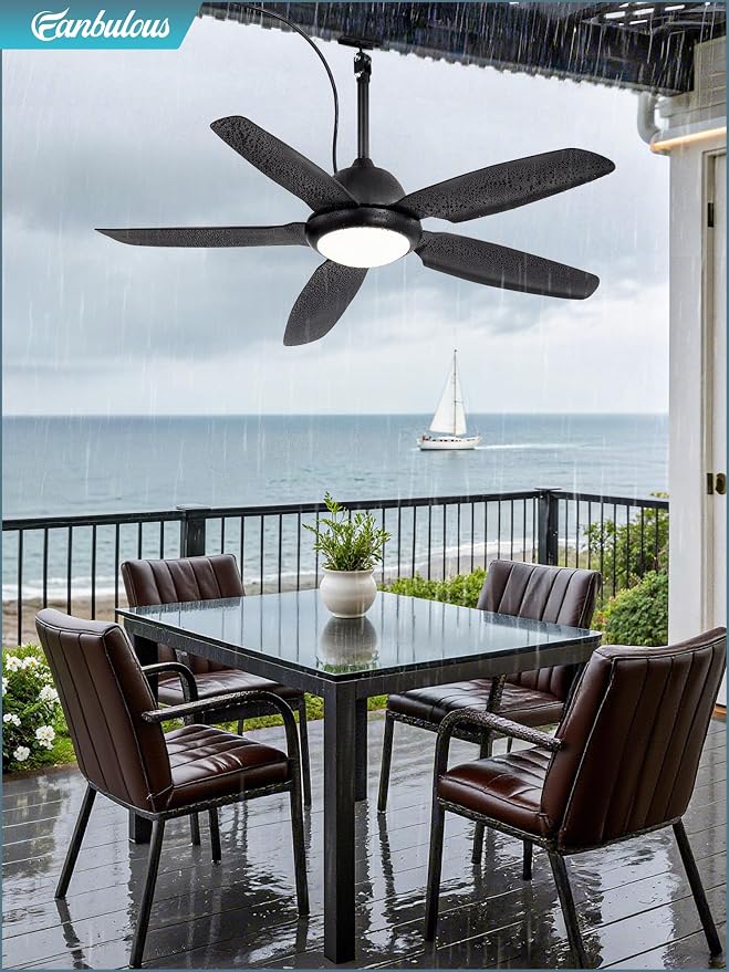 Fanbulous 52 Inch Waterproof Outdoor Ceiling Fan with Light for patio,Black | IP65 Wet Rated, 3CCT Dimmable Light,Remote Control,6-Speed DC Motor, Plug-in Cord, Hanging Hook for Gazebo, Porch, Pergola.