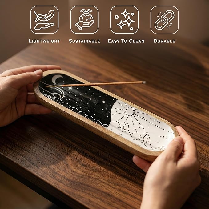 The Art BoxWooden Incense Holder for Sticks – 12 Inch Ash Catcher Incense Burner Tray, Black & White Color, Modern Home Décor & Meditation Accessory