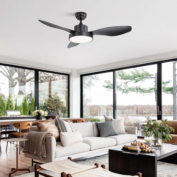 Sofucor 47 Inch Ceiling Fan with Lights and Remote Modern Outdoor Black LED Ceiling Fans with Large Light Fixture Dimmable 6 Speeds Quiet DC Motor &Timing for Patio Bedroom Living Room Office