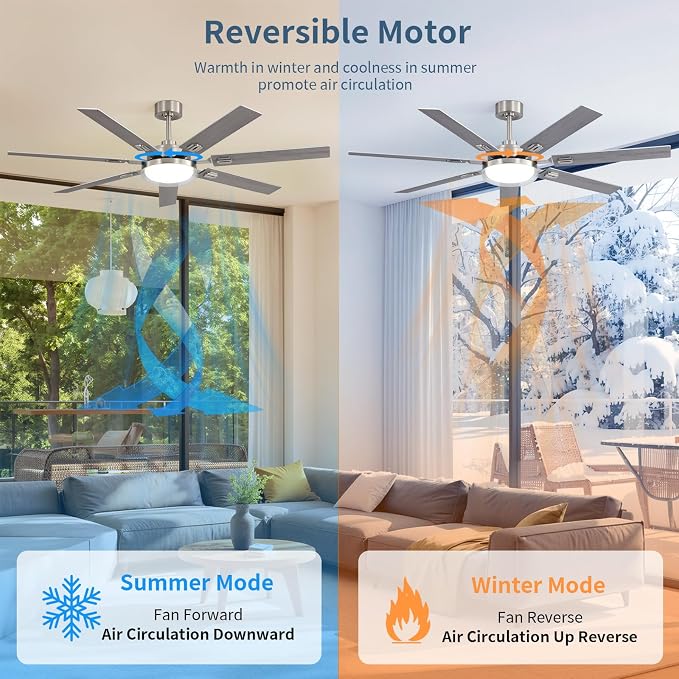 64 Inch Ceiling Fans with Lights and Remote,Living Room Office Library Cafe Outdoor, 5CCT Dimmable, Dual Color 7 Blades, 6 Speed Reversible Quiet DC Motor, Dual-Layer Shade, Sand-nickel/Wood Grain