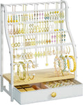 SWTYMIKI Earring Holder Organizer - Jewelry Organizer Stand with Necklace Hooks, Watch Rods, Nonwoven Drawer, Large Capacity Jewelry Display for Stud Earring Bracelet Necklace Ring, White
