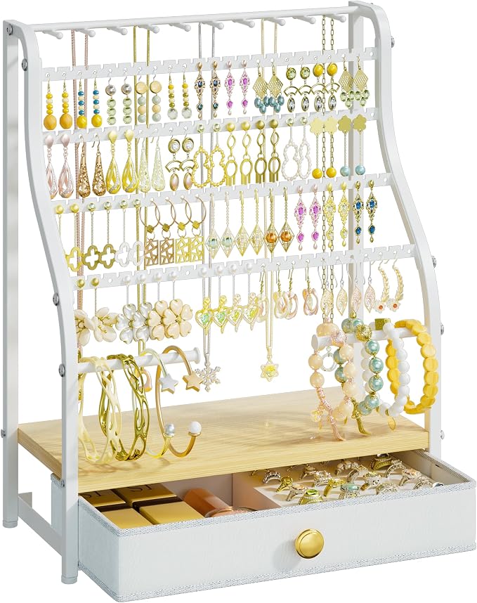 SWTYMIKI Earring Holder Organizer - Jewelry Organizer Stand with Necklace Hooks, Watch Rods, Nonwoven Drawer, Large Capacity Jewelry Display for Stud Earring Bracelet Necklace Ring, White