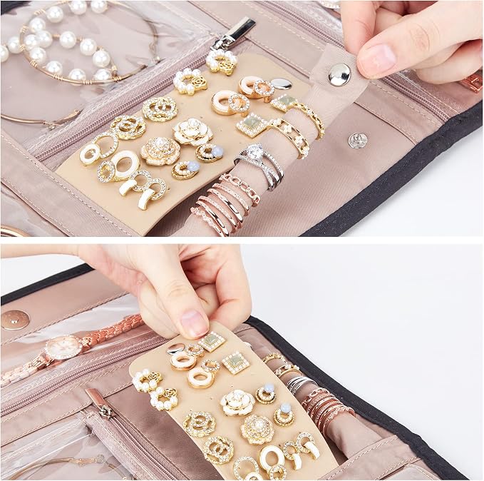 BELALIFE Travel Jewelry Case, Jewelry Organizer Roll for Accessories | Bag with foldable roll design for earrings, necklaces, rings, bracelets and brooches,Black