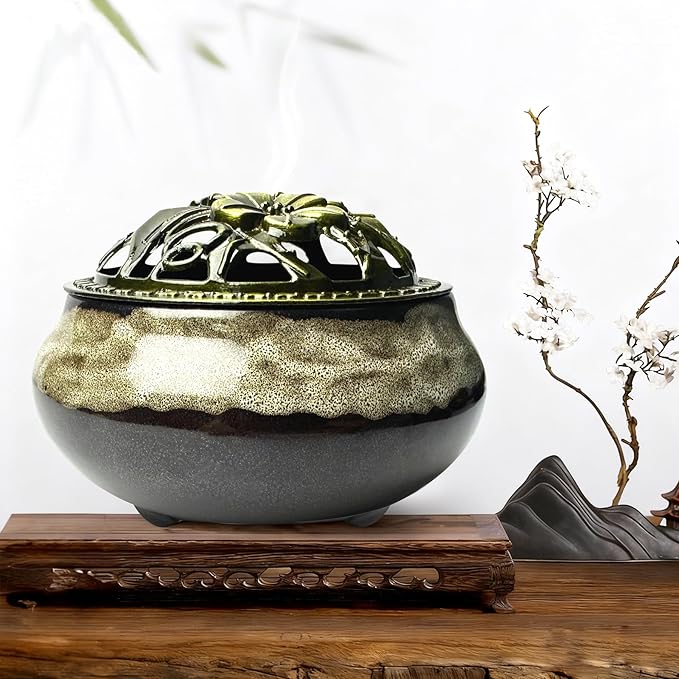 Ceramic Incense Burner, Bowl Burner,Cone Incense Burner with Brass lid for use with Stick or Cone-Shaped Incense，Lotus Incense Stick Holder Calabash Incense Stick Holder, 3pc (Fambe White)