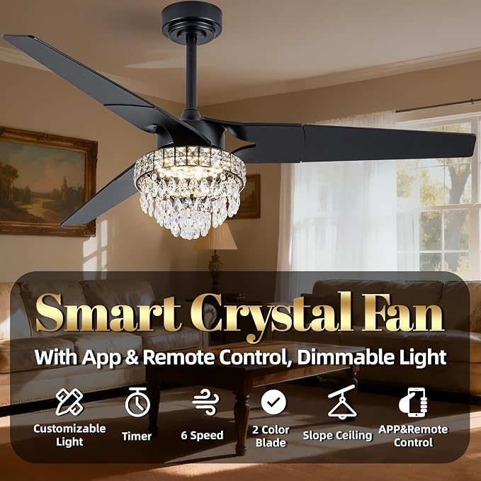 Chandelier Ceiling Fans With Lights And Remote, Chandelier Fan Ceiling,Crystal Ceiling Fan Fandelier With Lights,6 Speed 3 Timer Quiet Ceiling With Fans For Living Room Bedroom (Black, 52 In'ch)