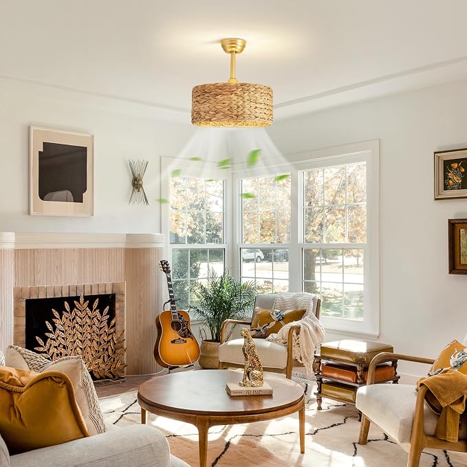 Boho Fandelier Ceiling Fans with Lights,Rattan Chandelier Fan Gold Caged Ceiling Fan with Light Remote Flush Mount Chandelier Ceiling Fan 6 Speeds Fandelier for Bedroom Living Room Kitchen