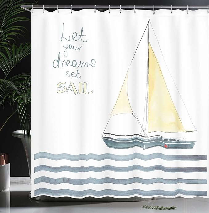 Ambesonne Nautical Shower Curtain, Let Your Dreams Set Sail Words Stripes Yacht Interior Navigation Theme, Cloth Fabric Bathroom Decor Set with Hooks, 69" W x 84" L, Pale Blue White