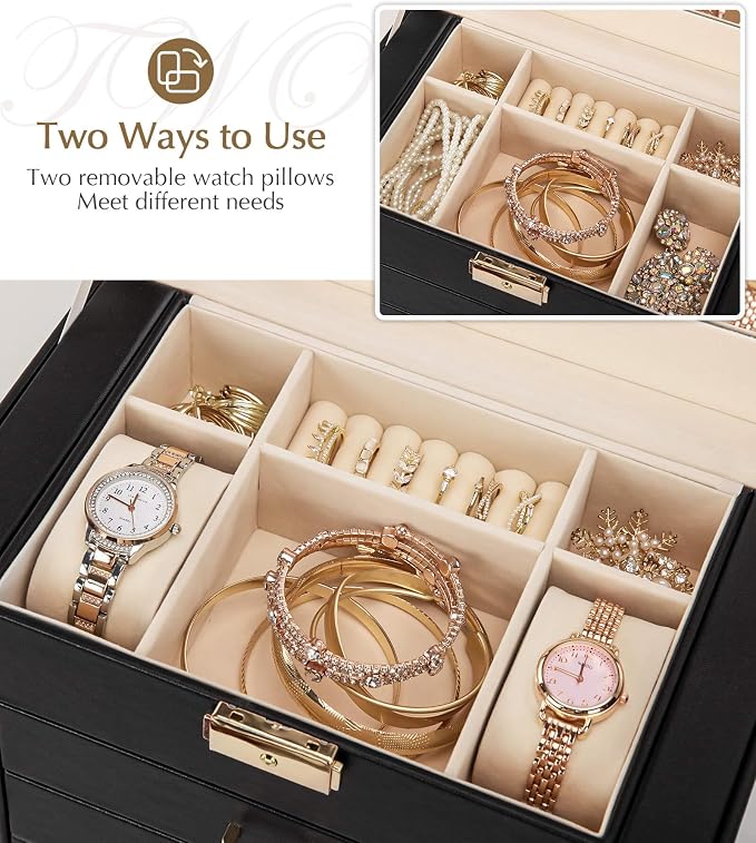 Homde Jewelry Box Large for Women: 6 Layers 5 Drawers Organizer with Mirror for Ring Earring Necklace - Storage Holder with Lock for Dresser - Ideal Gift Case (Black)