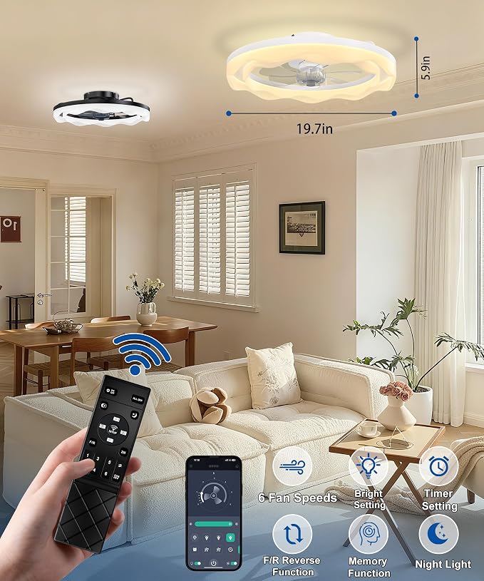 Ceiling Fans with Lights and Remote, 20'' Low Profile Ceiling Fan, 3000K-6500K Dimmable LED Fan Light APP Control, 6 Wind Speeds White Modern Fandelier Flush Mount Ceiling Fans for Bedroom Kids Room