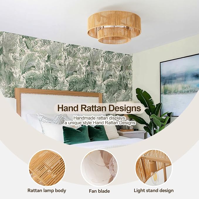 20 Inch Boho Caged Ceiling Fans with Lights Flush Mount, Boho Rattan Fandelier Ceiling Fan with Light Remote Control with Reversible 6 Speeds for Bedroom, Nursery, Living Room, E12 Base,Indoor