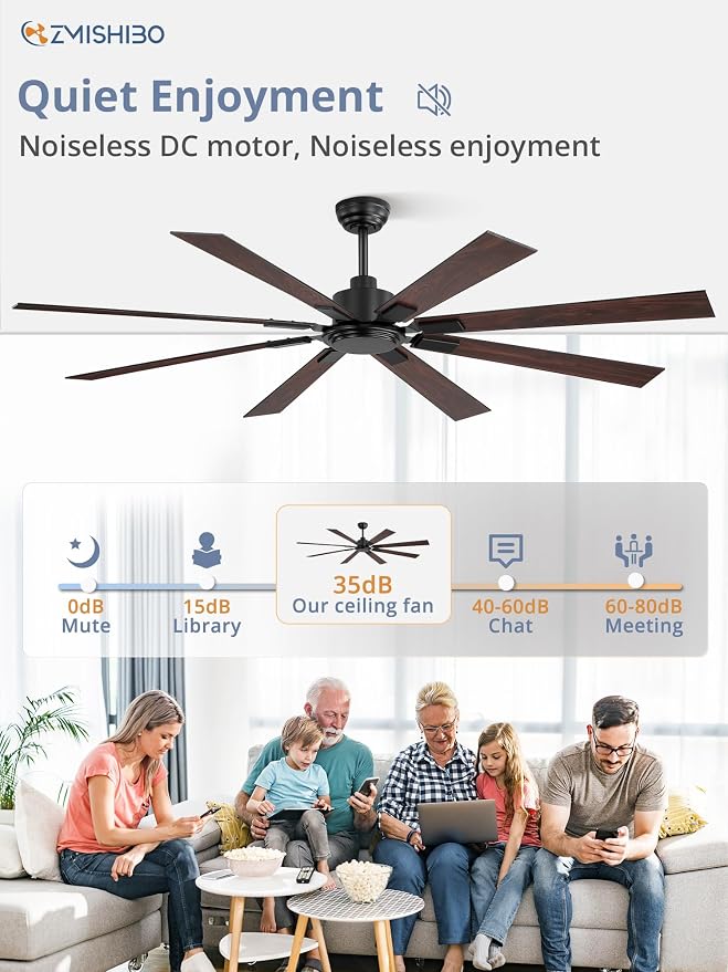 ZMISHIBO 72 Inch Ceiling Fan No Light with Remote Control, 8 Blades Quiet DC Reversible Motor, 6-Speed, Timer, Black Finish, Indoor Outdoor Ceiling Fans for Patios, Living Room, Garage