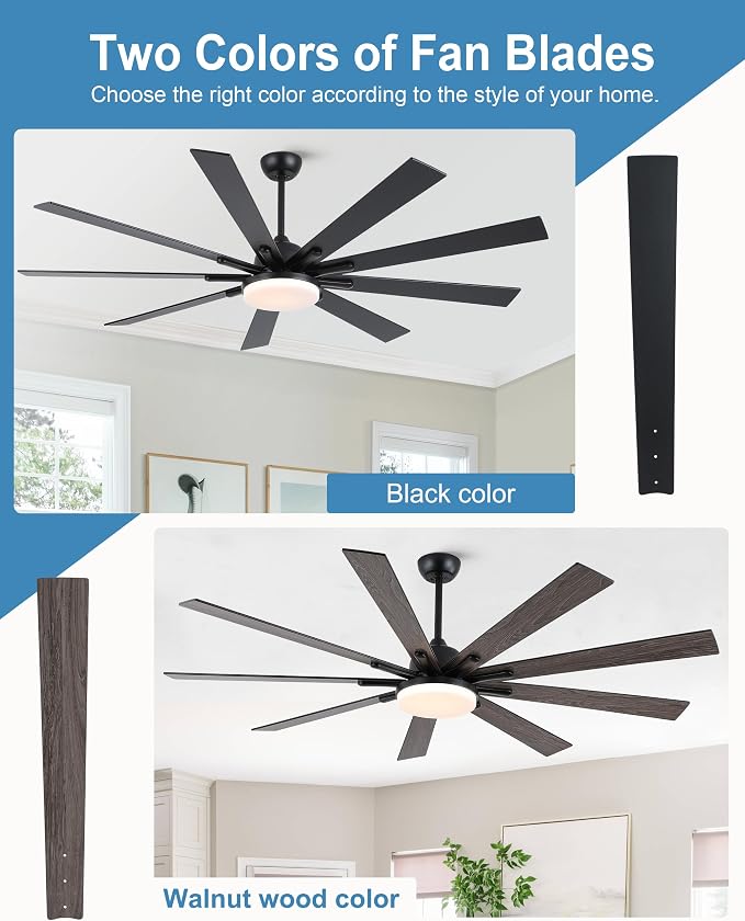 POCHFAN 72 Inch Ceiling Fans with Lights,Large Modern Ceiling fan with Remote and 9 Wooden Blades,Dimmable,6 Speeds,Noiseless Reversible Indoor&Outdoor Fan for Bedroom,Patio,Living Room