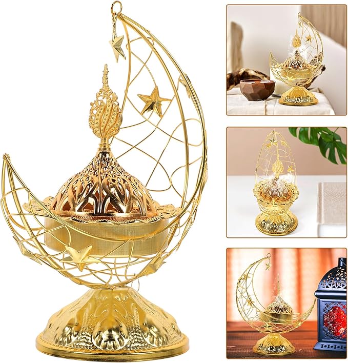 Zerodeko Arabic Incense Holder, Middle East Ramadan Incense Burner Arab Crescent Tea House Censer Handheld Aroma Furnace for Muslim Islam Festival Decoration Golden