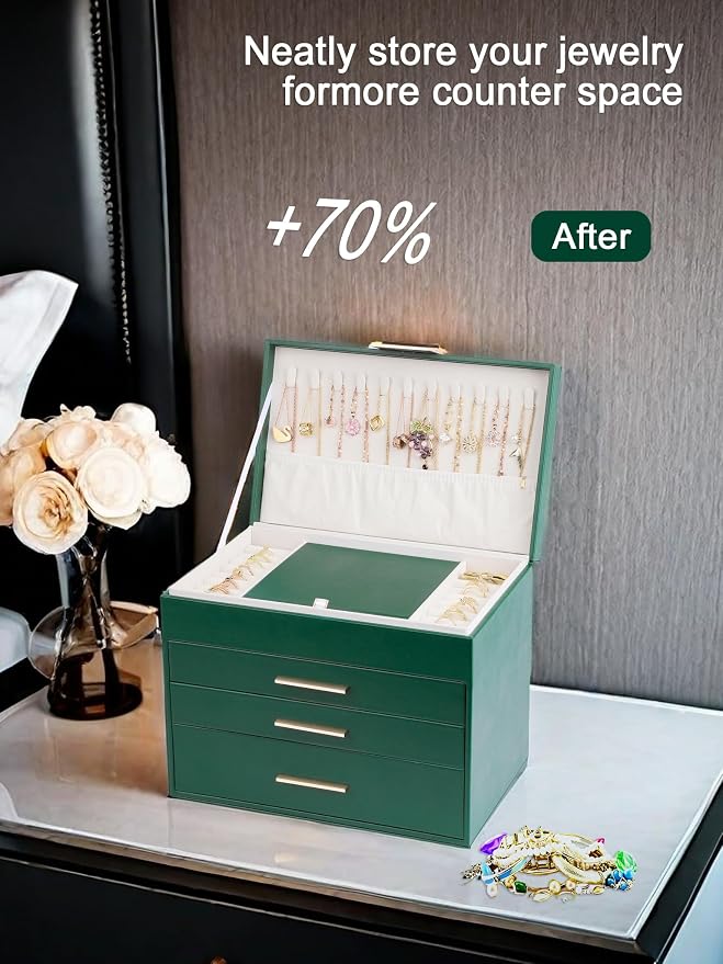 BOOVO Jewelry Boxes for Women, White and Black 6 Layer Large Jewelry Box for Necklace, Bracelet, Earrings, Rings Storage, Jewelry holder Organizer for Girls Gift (Green, 5 Layer)