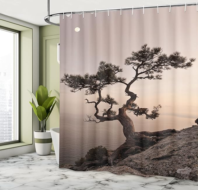 Ambesonne Tree Shower Curtain, Lonely Juniper Tree on Seaside Cliff Full Moon at Sunset Nature Theme Art Print, Cloth Fabric Bathroom Decor Set with Hooks, 69" W x 75" L, Brown Grey