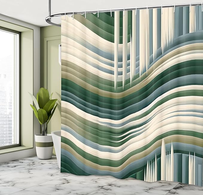Ambesonne Striped Shower Curtain, Abstract Print Horizontal and Vertical Monochromatic Waves Stripes, Cloth Fabric Bathroom Decor Set with Hooks, 69" W x 84" L, Evergreen Blue Grey Beige