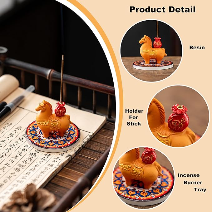 Horse Incense Burner-Resin Fortune Horse Incense Holder with Tray & Gift Box,Aromatherapy Decor for Yoga, Meditation,Home Office,Horse Lover Gift (Orange)