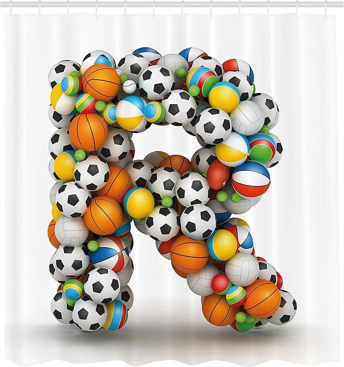 Ambesonne Letter R Shower Curtain, Realistic Looking Volleyball Basketball Soccer Balls Language of The Game Theme, Cloth Fabric Bathroom Decor Set with Hooks, 69" W x 70" L, Orange Multicolor