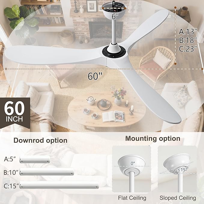 60 Inch White Ceiling Fan No Light, Wood Indoor Outdoor Ceiling Fans for Patios Living Room Bedroom Gazebo, Big 3 Blade Propeller Wet Rated Ceiling Fans for Sloped Angled Ceiling