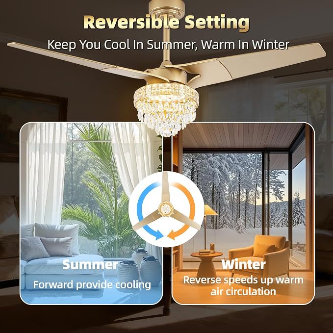 Chandelier Ceiling Fans With Lights And Remote, Chandelier Fan Ceiling,Crystal Ceiling Fan Fandelier With Lights,6 Speed 3 Timer Quiet Ceiling With Fans For Living Room Bedroom (Gold, 52 In'ch)