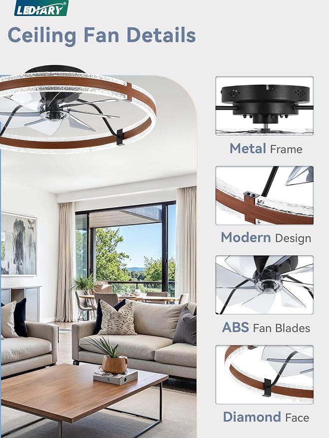 LEDIARY 24" Ceiling Fans with Lights and Remote, Low Profile Ceiling Fan with Light, 3000-6000K Dimmable Fandelier Ceiling Fans, Modern Flush Mount Fan Light for Bedroom with 6 Wind Speeds - Walnut