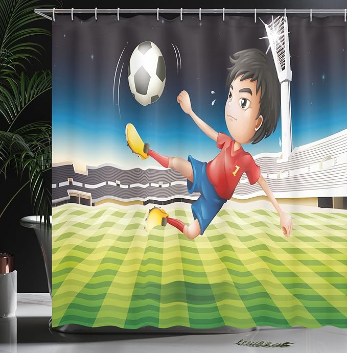 Ambesonne Sports Shower Curtain, Young Boy Playing Football in The Stadium Athlete Sports Soccer Championship Graphic, Cloth Fabric Bathroom Decor Set with Hooks, 69" W x 70" L, Yellow Green