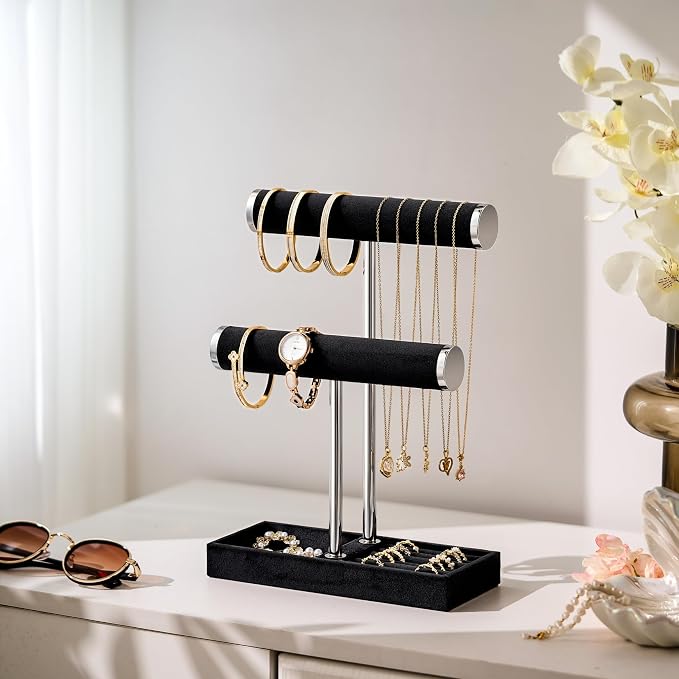 bussdis 2 Tier Bracelet Holder Display, Necklace Holder Organizer, BK/SL | Velvet Necklace Holder | Jewelry Tree | Jewelry Towers | Jewelry Stand Organizer for Necklaces, Bracelets, Earrings, Rings