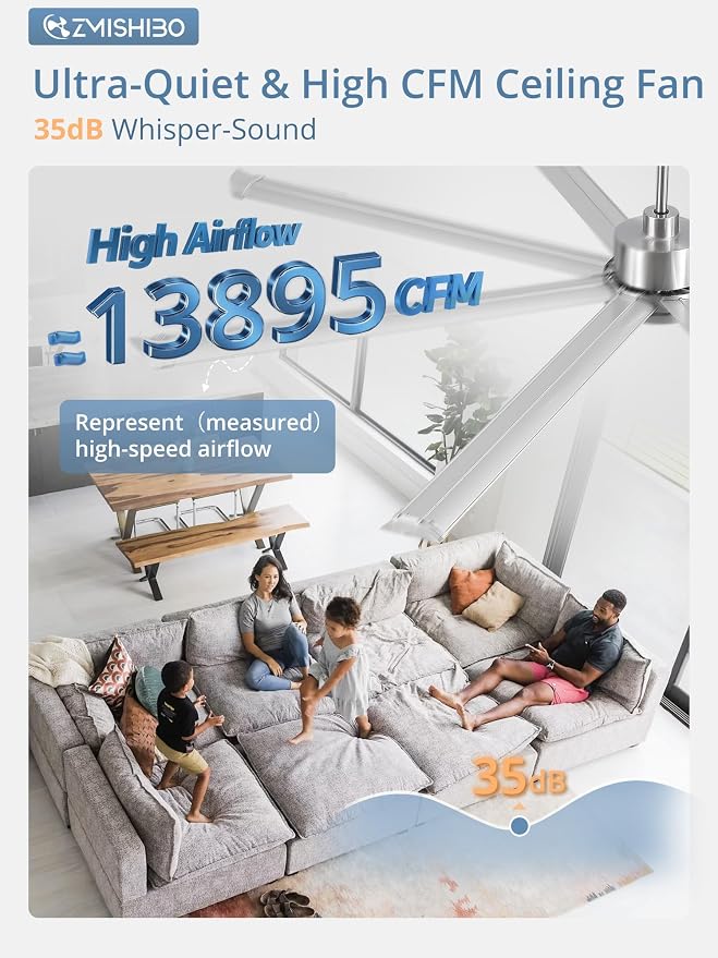 ZMISHIBO 96" Large Industrial Ceiling Fans No light with Aluminum 8 Blades, Commercial HVLS Ceiling Fan without Light,Quiet DC Motor,6 Speeds, Indoor Outdoor Ceiling Fan for Patio, Garage Shop, Nickel
