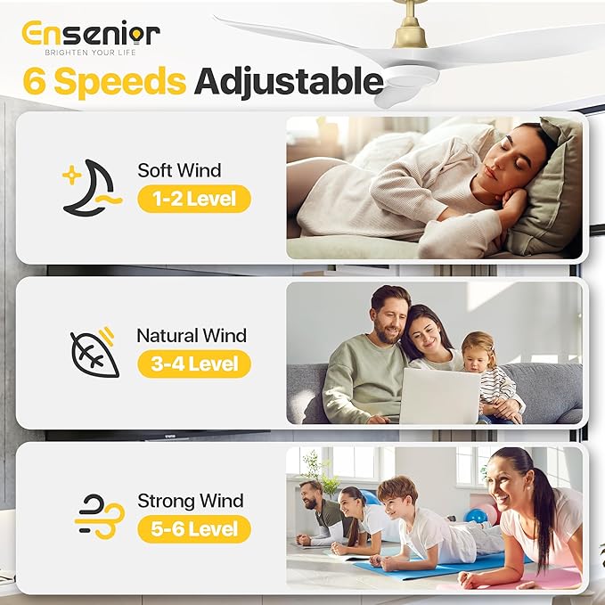 Ensenior Ceiling Fan with Light White and Gold, 52 Inch Ceiling Fans with Lights and Remote, 3 ABS Blades, Quiet Reversible DC Motor, 6-Speed, Dimmable 3CCT LED with Memory, Modern Fan for Living Room