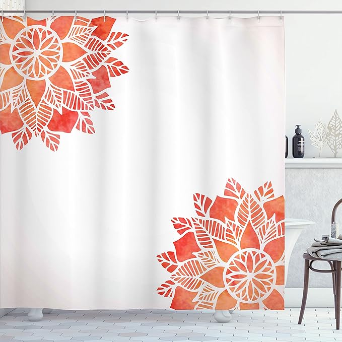 Ambesonne Floral Shower Curtain, Watercolors Lace Flower Petals in Soft Pastel Tones with Eastern Effect Design, Cloth Fabric Bathroom Decor Set with Hooks, 69" W x 75" L, Coral White