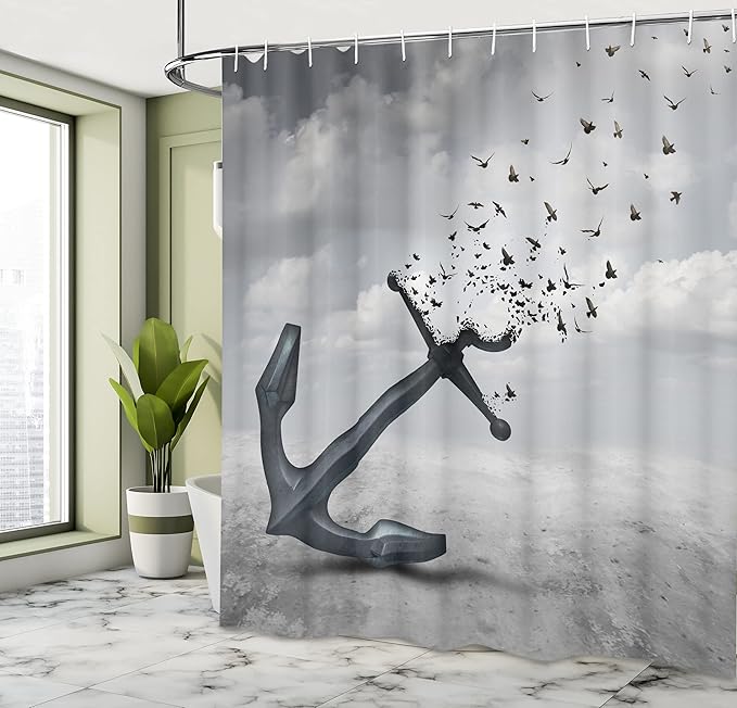 Ambesonne Birds Shower Curtain, Anchor Turns into Group of Flying Birds Seagulls for Liberty and Hope Mood Graphic Art, Cloth Fabric Bathroom Decor Set with Hooks, 69" W x 70" L, Silver Grey