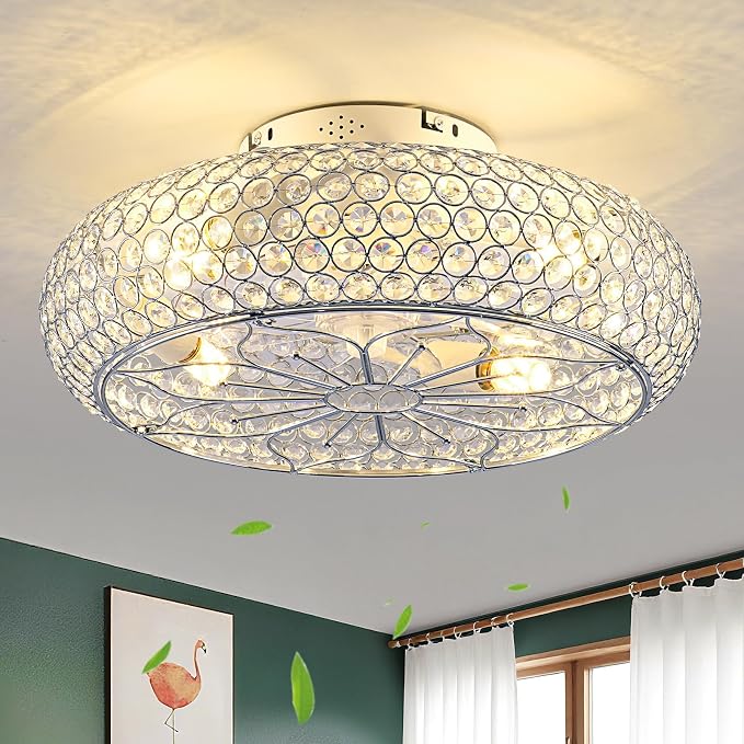 Caged Crystal Ceiling Fans with Lights and Remote,20" Flush Mount Low Profile Ceiling Fan with Light,6 Speed Enclosed Ceiling Fan with Reversible Motor for Bedroom Living Room|(4 E26 Bulbs Included)