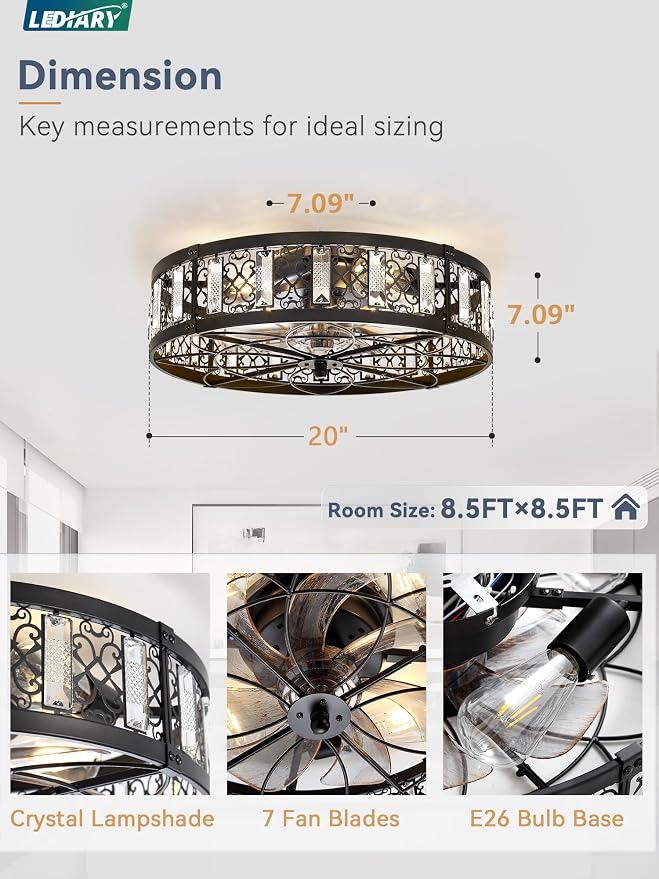 LEDIARY 20" Caged Ceiling Fans with Lights,Flush Mount Vintage Victorian Rustic Crystal Fandelier,Low Profile Farmhouse Enclosed Ceiling Fan with Light and Remote for Bedroom,Kitchen,Indoor(Black)