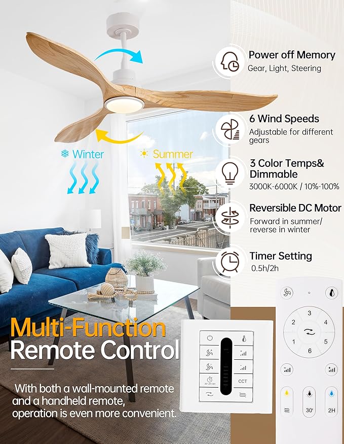 52" Natural Wood Ceiling Fans with Lights and Remote, Outdoor 3 Blade Ceiling Fan with Wall Control, 6 Speed, Dimmable, Noiseless DC Motor for Patios, Bedroom, Living Room