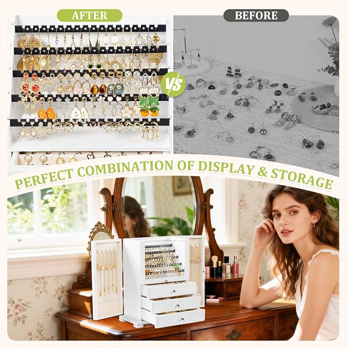 Jewelry Box Organizer, Rustic Wooden Jewelry Boxes for Women Girls, Large Storage Earring Holder Organizer Display for Earrings Necklaces Rings Bracelets (White)