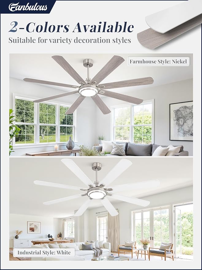 Fanbulous 72 Inch Ceiling Fans with Lights and Remote, Brushed Nickel Ceiling Fan with 8 Dual-Color Blades, Indoor/Outdoor Large Ceiling Fans, Reversible DC Motor, 6-Speed, 3CCT for Living Porch Patio
