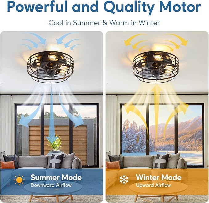 Farmhouse Caged Ceiling Fan with Light, Bladeless Flush Mount Fan Lights Ceiling Fixtures with Remote, 12 in 6 Speeds Indooor Lights for Kitchen, Living Room, Bedroom, Black